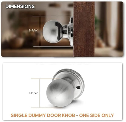 Copper Creek Dummy Interior Door Knob – ANSI Grade-3 Certified, Modern Heavy Duty Handle, Easy Install and Reversible for French Doors & Closets, Non Turning – Satin Stainless (1 Pack)