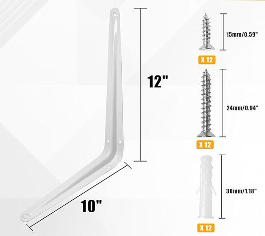 4 Pcs Shelf Brackets, 10 x 12 Inch Heavy Duty Metal Wall Corner Angle Shelving for Wall Hanging Shelves with Wall Anchors and Screws(White)