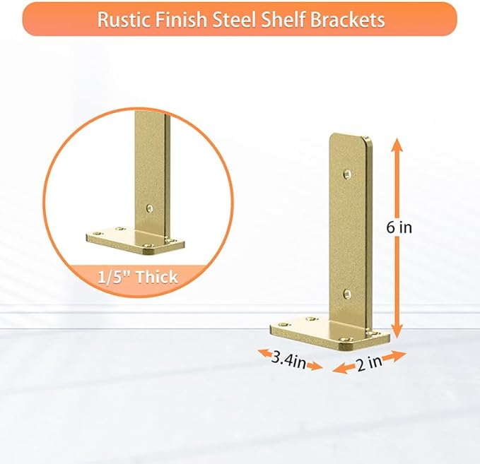 Floating Shelf Brackets Upgraded, 6 inch, Gold Heavy Duty Iron Shelf Brackets, Industrial Modern Floating Shelf Support for Wall Mount Shelves,Wide Brackets ,4 Pack, Support DIY(5mm Thickening Type).