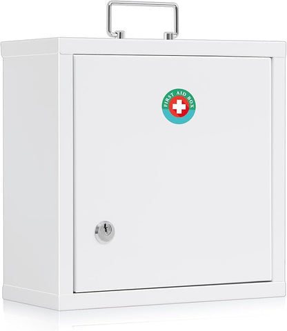 KYODOLED Locking Medicine Cabinet, Medication Lock Box with Key, Wall Mount Medical Cabinet for Safe Medication Storage, 10 * 4.7 * 10 Inch, White
