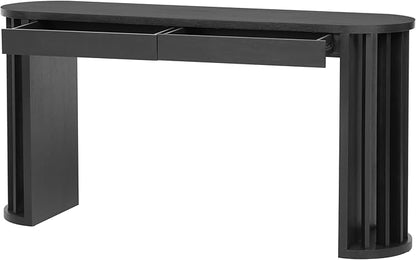 59-inch Long Console Table, Oak Veneer Sofa Table, Curved and Straight Line Design Couch, Farmhouse Entryway Table with Spacious Drawers for Entrance, Hallway, Living Room (Black-J49)