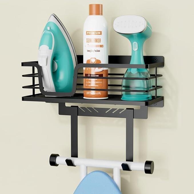 KES Ironing Board Hanger Wall Mount with 90lb High-Capacity, 3X Heavy Duty Ironing Board Holder with T&V Shaped Hooks, Extra Large Storage Basket, No Breaking Sturdy Screws Included, Black, HIR502-BK