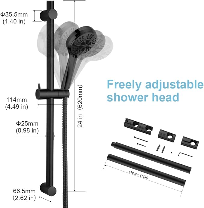 OFFO Shower Slide Bar 24 in Segmental Slide Bar Adjustable Installation Distance 18-24 in with 360° Adjustable Handheld Shower Head Holder for Bathroom, Screw Wall Mounted, Matte Black