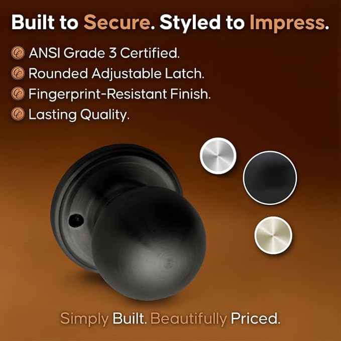 Copper Creek Dummy Interior Door Knob – ANSI Grade-3 Certified, Modern Heavy Duty Handle, Easy Install and Reversible for French Doors & Closets, Non Turning – Matte Black (1 Pack)