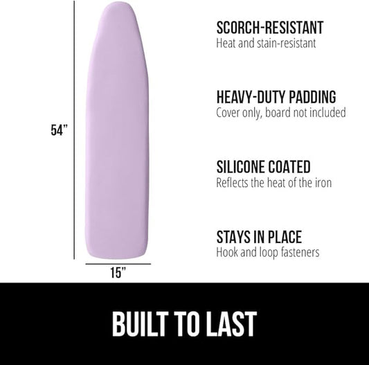 GORILLA GRIP The Original Ironing Board Cover and Pad, Silicone Coating, Thick Scorch Resistant Padding, Heavy Duty Iron Covers Standard Boards, Hook and Loop Fastener Strap, Light Purple, 15x54