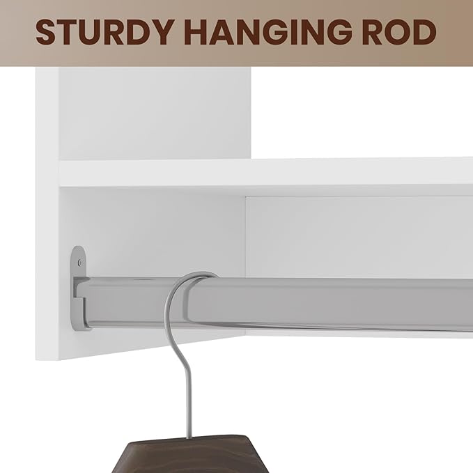 ROOMTEC Modular Closet System, 49" Wall-Mounted Closet Organizer with Hanging Rods, Wooden Tower for Walk-In Closets, Wardrobe Storage Kit, White