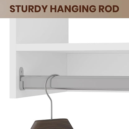 ROOMTEC Modular Closet System, 61" Wall-Mounted Closet Organizer with Hanging Rods and Shelves, Wooden Tower for Walk-In Closets, Wardrobe Storage Kit, White