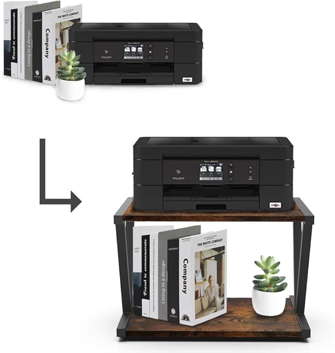 VEDECASA Retro Desktop Printer Stand 2 Tiers Under Desk Wood Printer Shelf Rustic Industrial Farmhouse Wood Storage Book Shelf Table Organizer for Home Office Stylish Sturdy V Shaped (Rustic Brown)