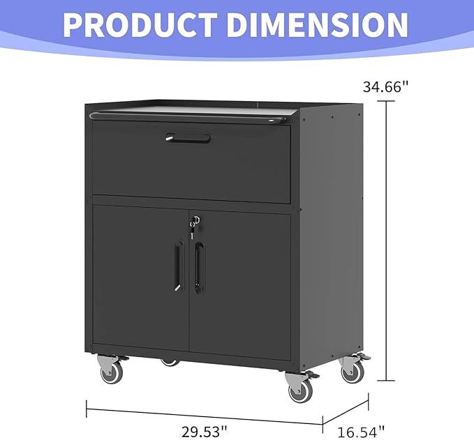 Metal Garage Storage Cabinet on Wheels, Lockable Rolling Tool Cabinet with Drawer and Shelves, Heavy Duty Mobile Steel Cabinet for Garage Warehouse Workshop