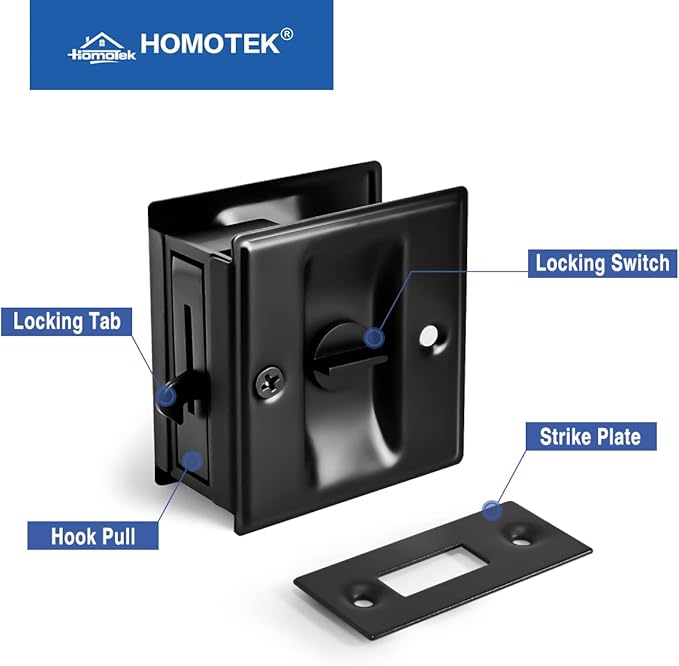 HOMOTEK 4 Pack Privacy Pocket Door Lock Hardware with Pull Pocket & Bi-Fold Door Hardware- Replace Old Or Damaged Sliding Door Locks Quickly and Easily, 2-3/4”x2-1/2”, for 1-3/8” Thickness Door, Black