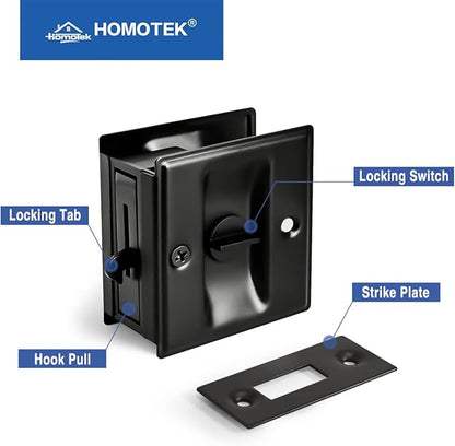 HOMOTEK 4 Pack Privacy Pocket Door Lock Hardware with Pull Pocket & Bi-Fold Door Hardware- Replace Old Or Damaged Sliding Door Locks Quickly and Easily, 2-3/4”x2-1/2”, for 1-3/8” Thickness Door, Black
