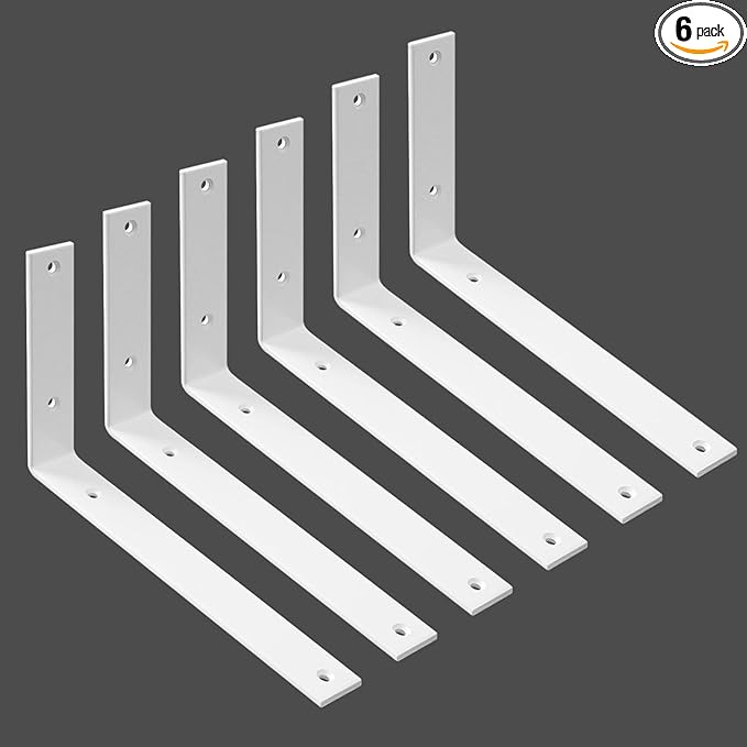 WINKER Shelf Bracket 6 Pack 10" Lx6 Hx1.5 W 5mm Thick Heavy Duty White 10 Inch Metal Iron L Brackets for Wall Shelves