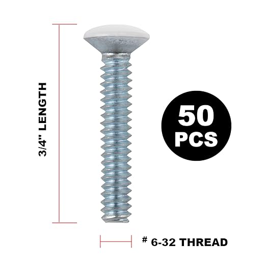Henne Bery 3/4" Long 6-32 Thread, Oval Head Milled Slot Replacement Wall Plate Screws, 50 Pack, White
