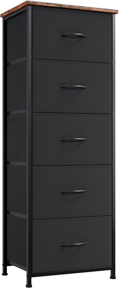 Somdot Tall Dresser for Bedroom, Chest of Drawers Storage Organizer, Non-Woven Fabric Drawers, Closet Bedside Living Room Entryway Hallway, 11.8"D x 16.5"W x 45.1"H (5 Drawers) Black Rustic Brown, 1