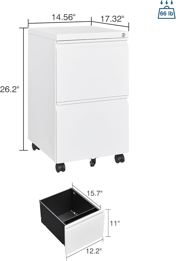 2 Drawer File Cabinet with Lock, Metal Under Desk Rolling Filing Cabinet fits Letter/Legal/A4 Size for Home Office, Mobile Filing Cabinets, Assemble Required, White