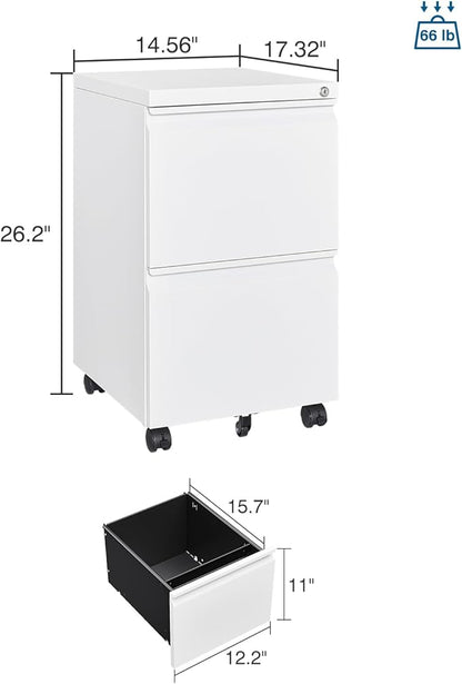 2 Drawer File Cabinet with Lock, Metal Under Desk Rolling Filing Cabinet fits Letter/Legal/A4 Size for Home Office, Mobile Filing Cabinets, Assemble Required, White
