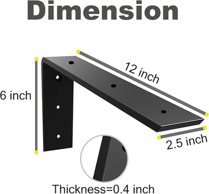 WINKER Countertop Support Bracket 2 Pack Heavy Duty 3/8" Thick Hidden L Shelf Bracket 12" x 6" x 2.5" Metal Corbels for Quartz/Granite/Wood/Concrete/Laminate Countertops, Black