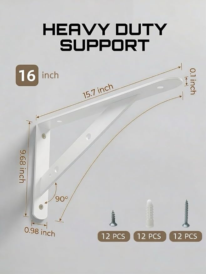 Shelf Brackets Heavy Duty, 4 Pack White 16inch Floating Shelf Bracket, Max Load 300 lbs of Metal Triangle Decorative Shelf Support Brackets for Wall Mount