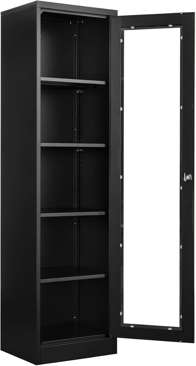 Display Storage Cabinet with Glass Doors, 65 Inches Metal Curio Cabinets with 4 Adjustable Shelves, HD Tempered Glass Cabinet Display Case for Home, Office, Pantry, Assemble Required (Black)