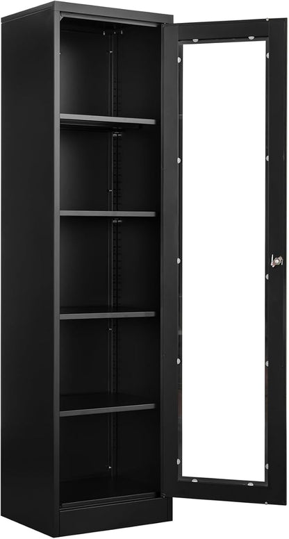 Display Storage Cabinet with Glass Doors, 65 Inches Metal Curio Cabinets with 4 Adjustable Shelves, HD Tempered Glass Cabinet Display Case for Home, Office, Pantry, Assemble Required (Black)