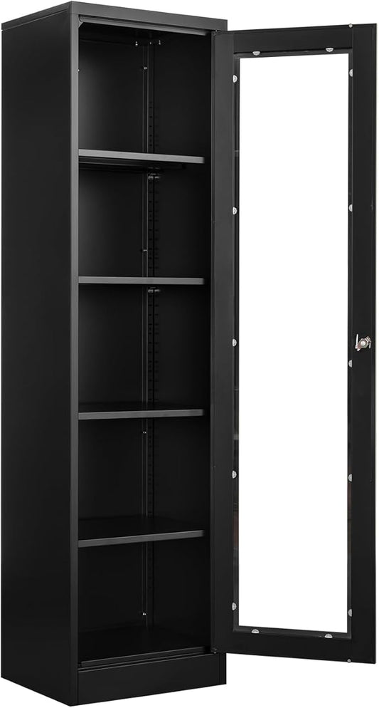 Display Storage Cabinet with Glass Doors, 65 Inches Metal Curio Cabinets with 4 Adjustable Shelves, HD Tempered Glass Cabinet Display Case for Home, Office, Pantry, Assemble Required (Black)