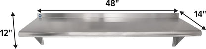 NSF Certified 18 Gauge Heavy Duty Stainless Steel Wall Shelf with Brackets for Kitchens, Utility Rooms, Storage, Offices & Home (48"x14")