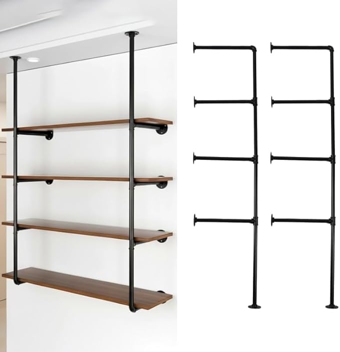 Industrial Pipe Shelving System with 4 Tiers, Black Iron Wall Mount, Floor to Ceiling Storage Rack, Rustic Farmhouse Style, DIY Bracket Supports (No Planks)