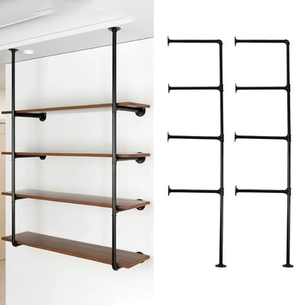 Industrial Pipe Shelving System with 4 Tiers, Black Iron Wall Mount, Floor to Ceiling Storage Rack, Rustic Farmhouse Style, DIY Bracket Supports (No Planks)