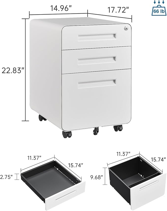 3 Drawer File Cabinet with Lock, Metal Under Desk Rolling Filing Cabinet fits Letter/Legal/A4 Size for Home Office,(Fully Assembled, White)