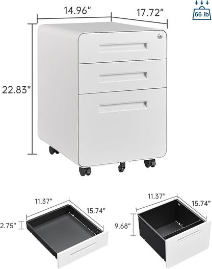 3 Drawer File Cabinet with Lock, Metal Under Desk Rolling Filing Cabinet fits Letter/Legal/A4 Size for Home Office,(Fully Assembled, White)
