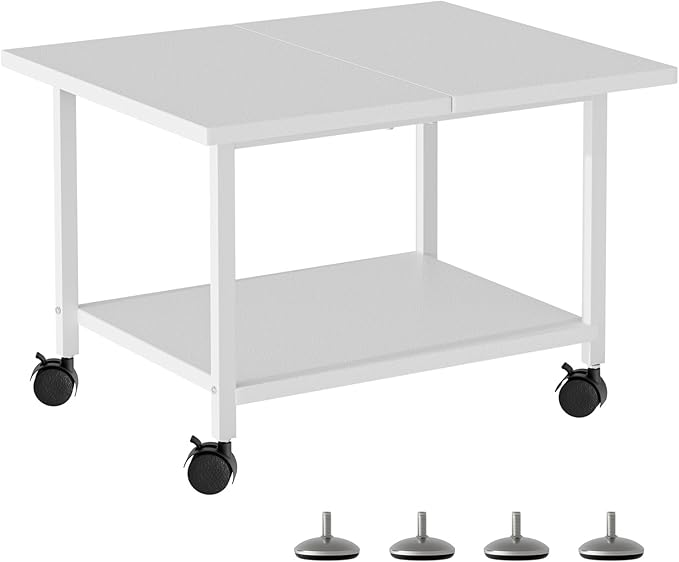 Printer Stand with Storage Under Desk Shelf, Desktop Printer Stand Organizer, Rolling Printer Cart Storage Paper Files Holder for Desk, Office, Home, (White)