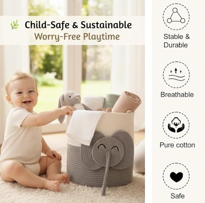 Large Laundry Basket for Kids & Toy Storage Organizer | Woven Cotton Rope Bin for Stuffed Plushies | Cute Elephant Animal Design Hamper with Cutout Handles for Nursery, Playroom & More (Elephant)