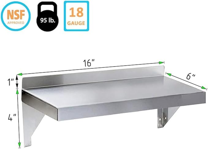 Stainless Steel Wall Shelf | Square Edge | Metal Shelving | Heavy Duty | Commercial Grade | Wall Mount | NSF Certified (6” Width x 16” Length)