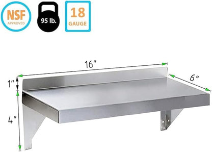 Stainless Steel Wall Shelf | Square Edge | Metal Shelving | Heavy Duty | Commercial Grade | Wall Mount | NSF Certified (6” Width x 16” Length)
