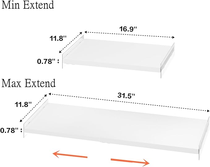 Slideep Expandable Closet Tension Shelf, Metal Adjustable Wardrobe Shelves Organizer System with Strong Seamless Sticker for Kitchen, Wardrobe, Cupboard 2 Pack (L:16.9'' to 31.5"; W:11.8")