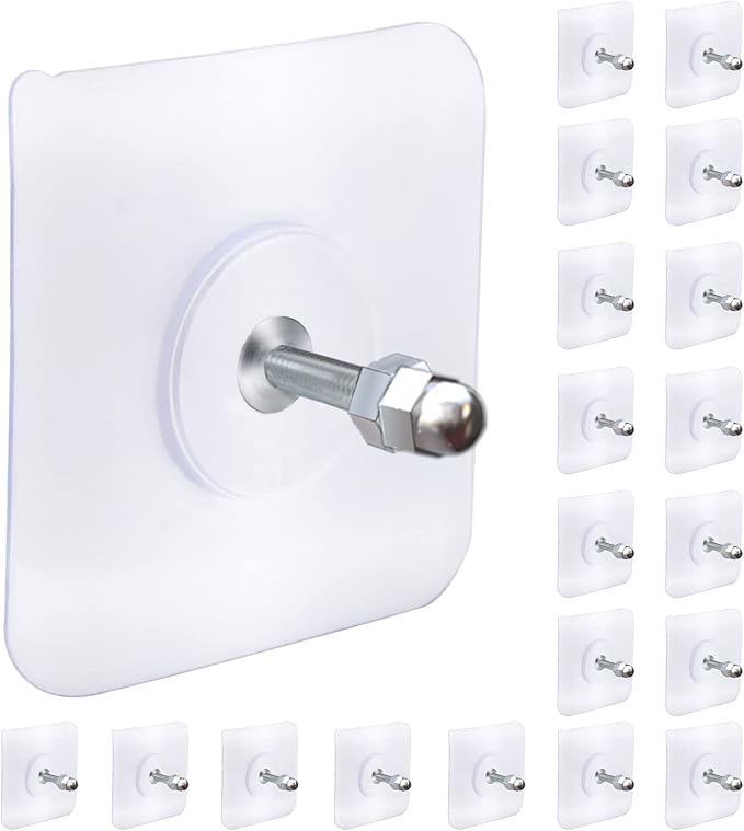 AIERSA Heavy Duty Adhesive Hooks, Wall Hooks for Hanging, Screw Free Sticker, Seamless Screws for Wall Mount, 2 in 1 Reusable, White, 20 Pcs, 16mm
