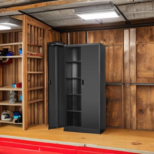 Metal Storage Cabinet, 71”H Metal Garage Cabinet with 5 Adjustable Shelves, Locking Storage Cabinets for Garage, Home, Office, Pantry(Black)