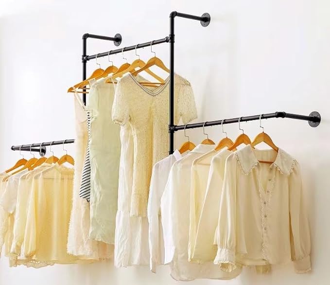 Industrial Pipe Clothing Rack Wall Garment Rack with Pipe Clothes Rails, Heavy Duty Clothes Hanging Rods Space-Saving Closet Organizer (Wall Clothing Rack-3 Hanging Rods)