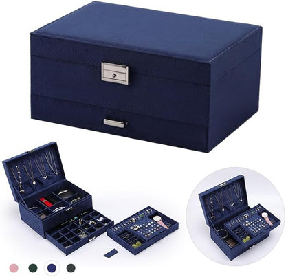 Jewelry Organizer Box for Women Girls, VintageJewelry Box 3-Tier Jewelry Display Case and Organizer,Lockable Jewelry Display Case Anti Tarnish,Varying Compartments for Bracelets, Rings (Blue)