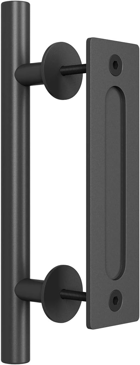 SMARTSTANDARD 12" Heavy Duty Sliding Barn Door Handle, Pull and Flush Hardware Set, Black Powder Coated Finish, Large Rustic Two-Side Design, Round