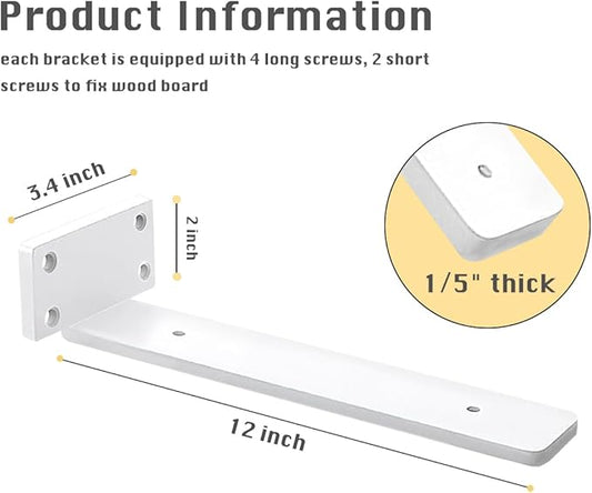 8 Pack Shelf Brackets White 12 Inch Floating Shelf Bracket 1/5 inch Thick Heavy Duty Hidden Shelf Brackets Iron Metal Brackets for Shelf Support with Screw Included