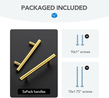 Brushed Brass Cabinet Handles 3-3/4 Inch Hole Spacing Stainless Steel Drawer Pulls for Cabinets, Dresser, Bathroom 5 Pack