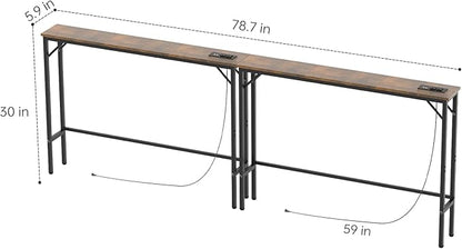 Aduanbang 78.7 inch Narrow Console Table with Outlet, Sofa Table Set of 2, Behind Couch Table, Long Entryway Tables with Charging Station, for Living Room, Rustic Brown