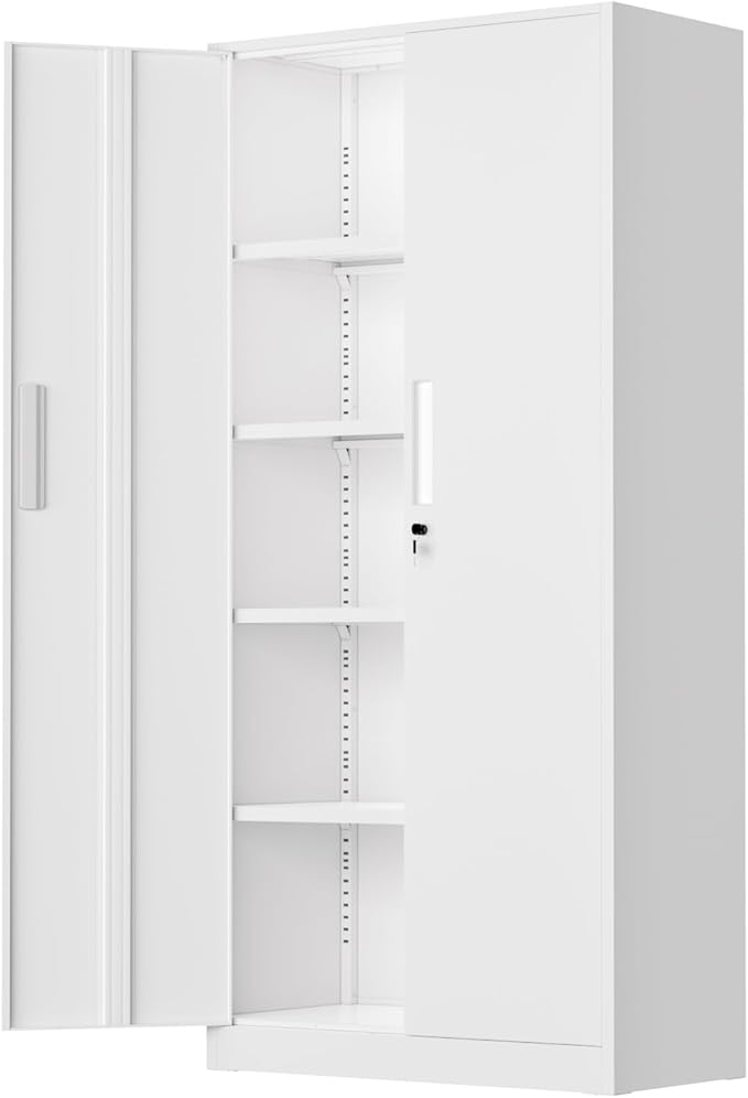 Bonusall 72" Metal Garage Storage Cabinet， Heavy-Duty Steel Cabinet with 2 Locking Doors & 4 Adjustable Shelves for Home, Office, or Workshop Organization(White)