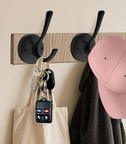 Matte Black Wall Hooks, 4 Pack Heavy Duty Coat Towel Hook Metal Double Backpack Hook Wall Mounted, Bath Towel Hooks for Entryway Cubicle Bathroom Closet Garage