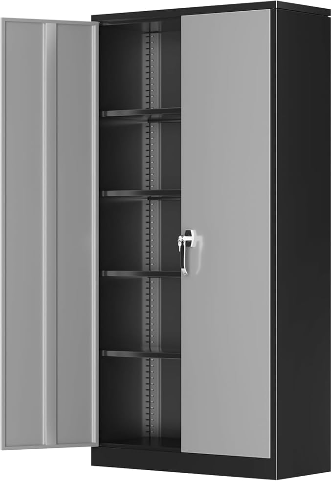 Greenvelly Metal Garage Storage Cabinet, 72" Black Gray Tool Steel Locking Cabinet with Doors and 4 Shelves, Tall Cabinets for Garage Storage Systems Lockable File Cabinet for Home Office,Garage