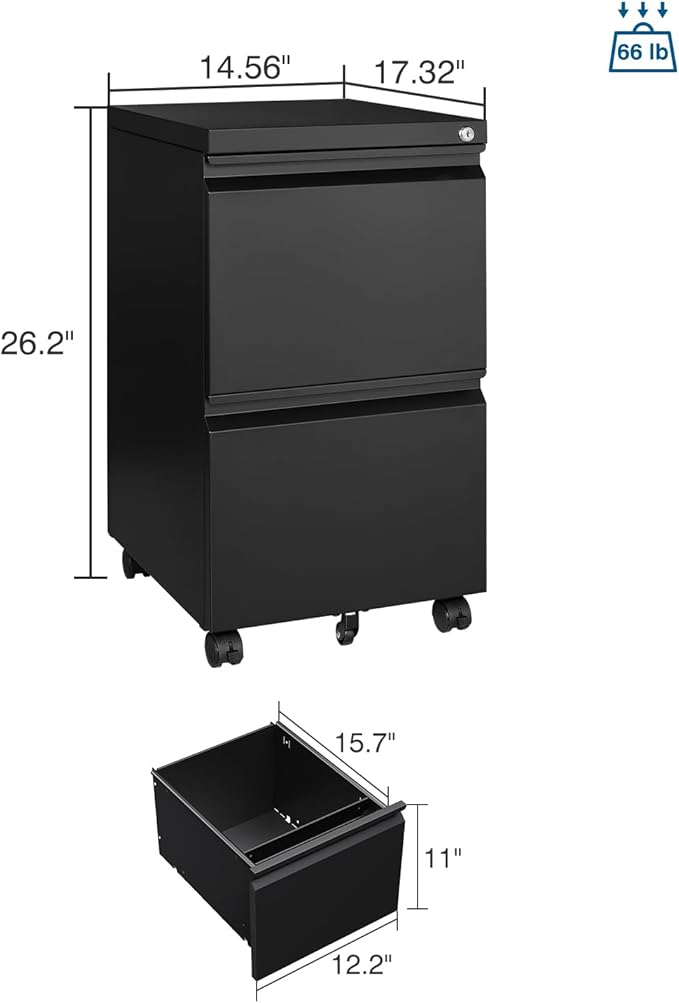 2 Drawer File Cabinet with Lock, Metal Under Desk Rolling Filing Cabinet fits Letter/Legal/A4 Size for Home Office, Mobile Filing Cabinets, Assemble Required, Black