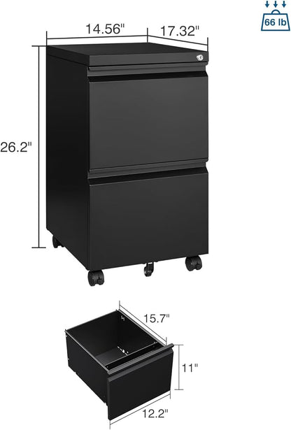 2 Drawer File Cabinet with Lock, Metal Under Desk Rolling Filing Cabinet fits Letter/Legal/A4 Size for Home Office, Mobile Filing Cabinets, Assemble Required, Black