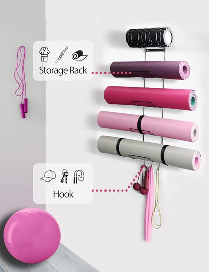 5-Tiers Yoga Mat Holder Wall Mount, Metal Storage Rack for Yoga Mat/Wheels, Foam Roller and Block etcs, Wall Rack Organizer with 3-Hooks for Hanging Stretching Strap & Resistance Bands（2 Pack）
