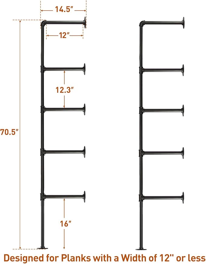 HITOMEN Industrial Iron Pipe Shelves, 2 Set 5-Tier 70.5" Tall 12" Depth, DIY Open Bookshelf Bookcase, Wall Mounted Vintage Retro Shelving, Rustic Farmhouse Pantry Kitchen Storage, Black Shelf Brackets